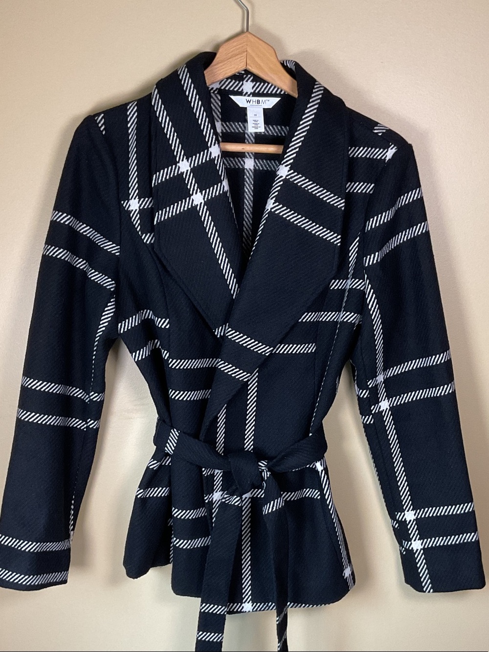 White House Black Market Black & White Plaid Wrap Jacket with Tie Size 14